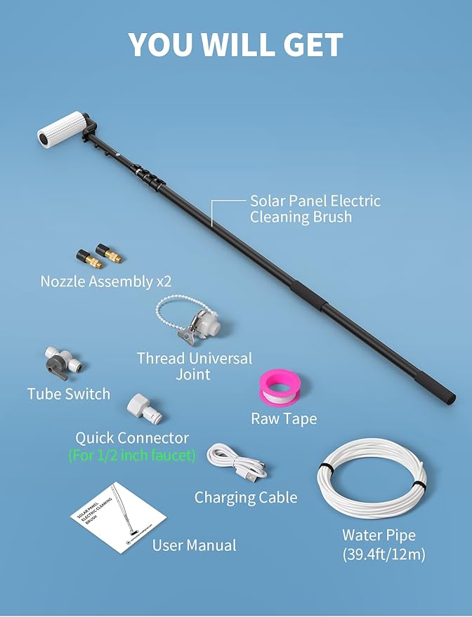 Solar Panel Cleaning Brush and Pole, 20FT Electric Cleaning Roller Brush with Telescopic Water Fed Pole, 100Mins Runtime, 2 Spin Speeds, Outdoor Window Cleaning System for Solar Panel, Window, Roof