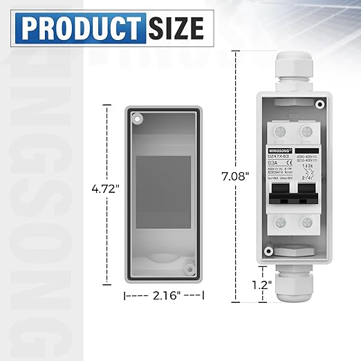 DC Solar Panels Disconnect Switch 63 Amp AC Circuit Breaker Box 400V 2 Poles IP65 Waterproof UV-Proof Outdoor Small Breaker Box for Solar PV Homes
