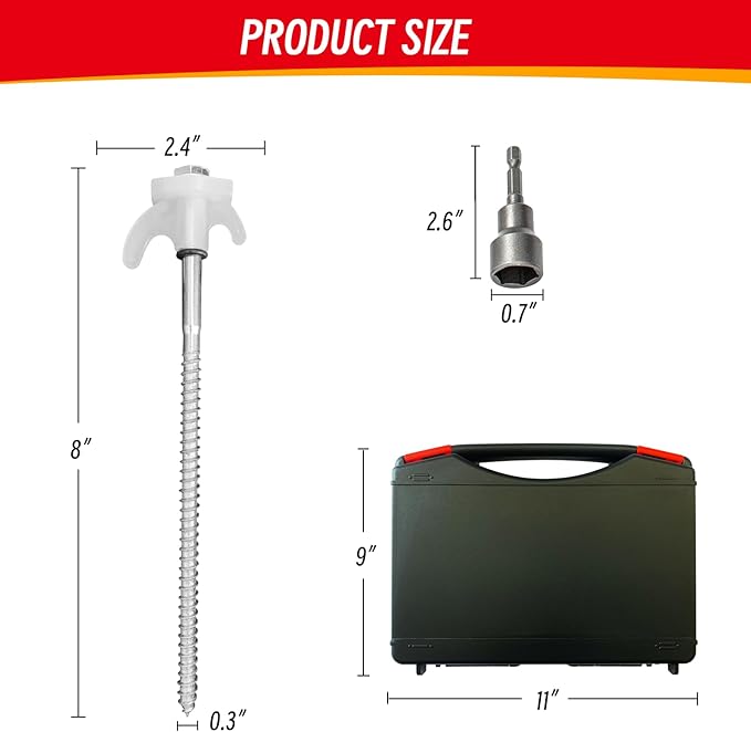 20 Pack Tent Stakes Heavy Duty - 8" Ground Anchors Screw in - Camping Stakes with Grow in The Dark Heads - Metal Threaded Tent Spikes with Hex Head Driver and Storage Box