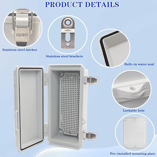 Outdoor Waterproof Electrical Box Junction Box Weatherproof IP67 ABS Plastic Enclosure Switch Router Project Box Electronics Enclosure With Mounting Plate Wall Bracket Grey 7.9" x 3.9" x 2.8"