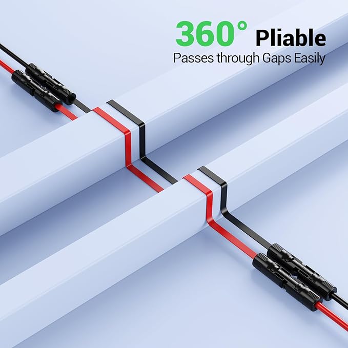 Bateria Power Flat Solar Panel Extension Cable, 12 Gauge 4mm² PV Wire with Female & Male Waterproof Connectors for RV, Photovoltaic Systems, 12 AWG 15 inch