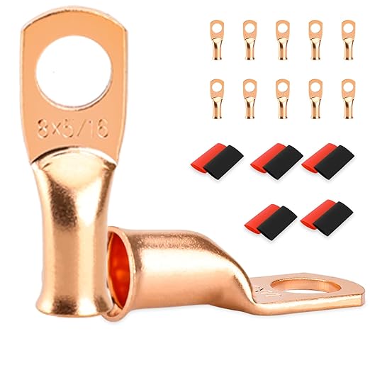 10 PCS Battery Terminal Connectors, Battery Cable Ends Lugs, 8 Gauge Wire Connectors, 8AWG 5/16" Stud Ring Terminals, Copper Wire Lugs with Heat Shrink Tubing.