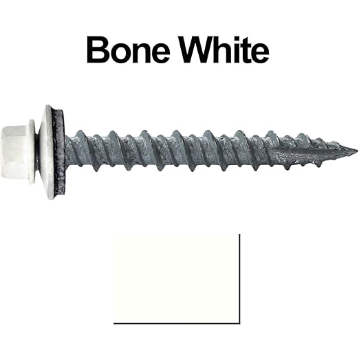 Metal Roofing Screws: (250) 10 x 1-1/2" Bone White Hex Head Sheet Metal Roof Screw. Self Starting Metal to Wood siding Screws. EPDM Washer. Colored Head