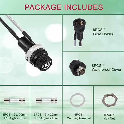 Panel Mount Fuse Holder - 5x20 mm, 250V AC/125V AC/12V DC, 10A/15A Fast Blow Glass Fuse Kit with Pre-Soldered Wires