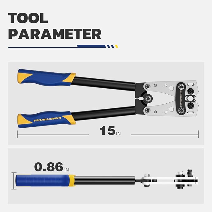 haisstronica Heavy Duty Battery Cable Crimping Tool Kit-Ratchet Hex Extended Handle Crimper for 8,6,4,2,1,1/0 AWG Copper Lugs