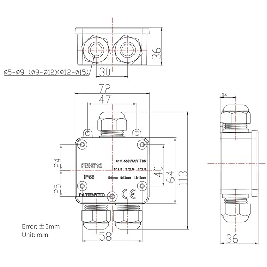 Waterproof IP68 External Junction Box,3 Way Plug Line M25 Coaxial Cable Connector Wire Range 5 to 15mm External Electric Power Cord Boxes