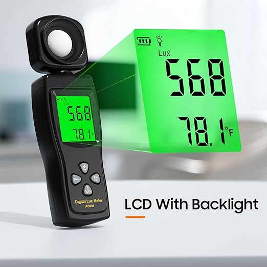 Digital Illuminance Light Meter, 0~200,000 Lux Range with 180º Rotating Sensor Light Meter Foot Candles, Backlight LCD Display, Handheld Light Meter for Plants, Photography, Indoor, Film Camera