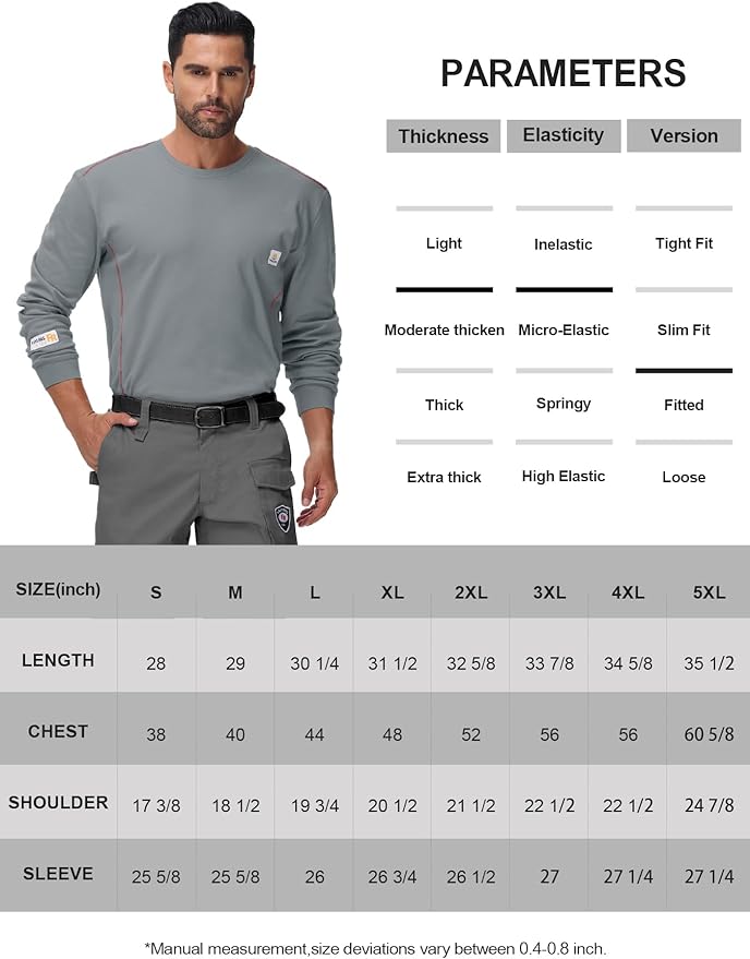 FR Shirts for Men CAT2/HRC2 6.5oz Lightweight Fire Resistant Shirts for Men Long Sleeve Crewneck T-Shirt