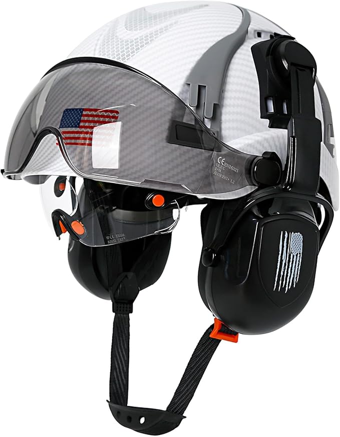 Hard Hat with Dual Visor and Hearing Protection-OSHA Approved Construction Hard Hats with Visor Sunglasses Earmuffs for Men,Vented Forestry Chainsaw Arborist Helmet with Chin Straps