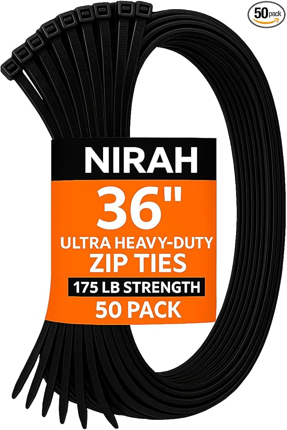 Long Zip Ties 36 inch Black (50 Pack) 175 lbs Tensile Strength, UV Resistant, Self-Locking, Multi-Purpose Long Heavy Duty Cable Ties, Wire Ties for HVAC, Home, Office,Contractors & Businesses by Nirah