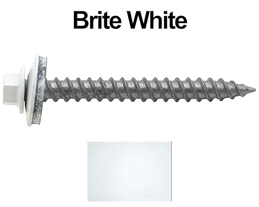 12 x 2 Brite White Metal Roofing Screws - Hex Washer Head- Self-Starting/Tapping - EPDM Washer. 4 X 250 Bags - 1,000 Screws