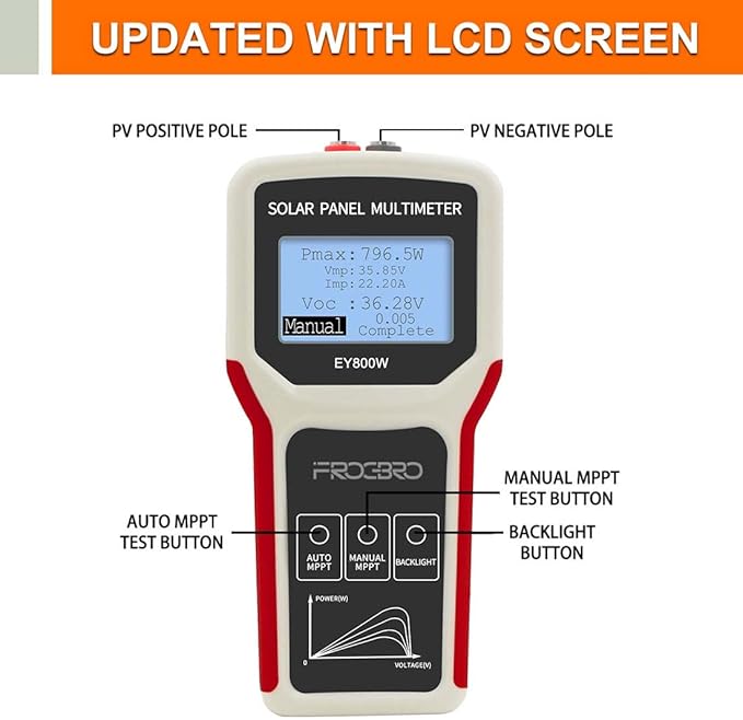 FrogBro Solar Panel Tester Photovoltaic Multimeter Upgrade EY800W with Ultra Clear LCD, Smart MPPT Open Circuit Voltage Troubleshooting Utility Tool for Solar PV Testing (LCD 800W)