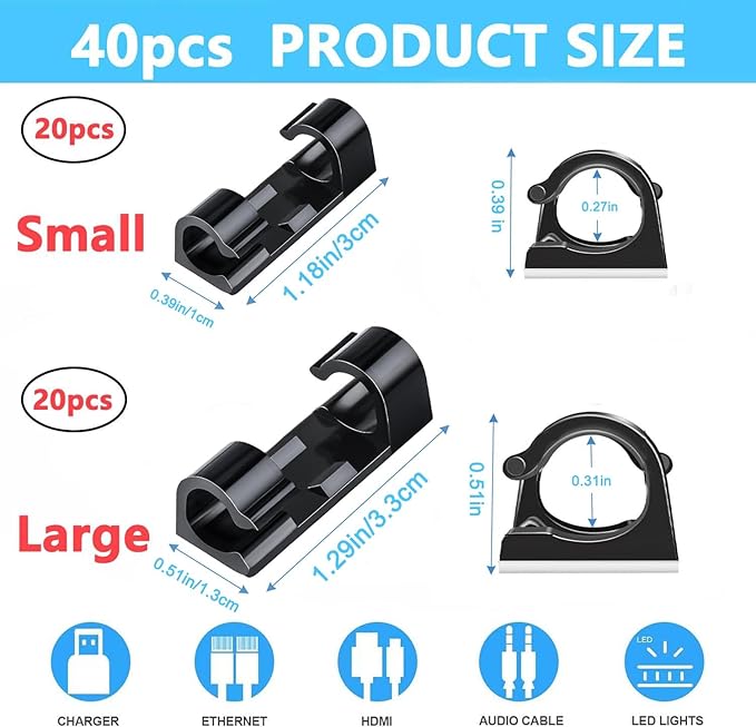 40 PCS Cable Clips Black (Small & Large),Adhesive Cable Clips for Wall,Finisher Wire Clamp for TV PC Laptop,Cable Management Clips Outdoor Light Clips