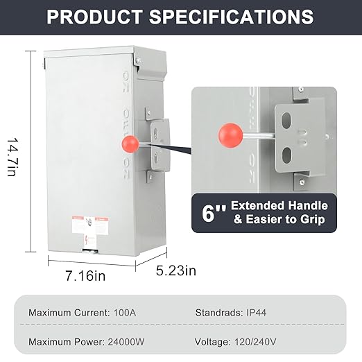 Generator Transfer Switch 100A, Manual Transfer Switch for Home Generator, Heavy Duty Double-Throw 120/240V,24000W for Indoor Outdoor Use,NEMA 4X Standards