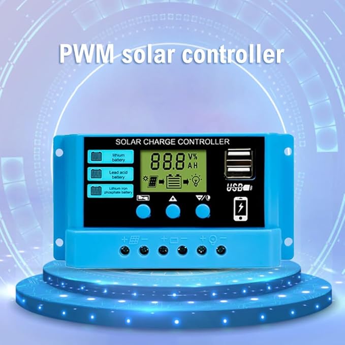 Solar Charge Controller 12V/24V 30A PWM Solar Charge Controller Regulator with LCD Display, Dual USB Ports 5V Output , for Lithium, Sealed, Gel Batteries