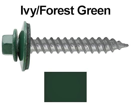 12 x 1-1/2" Ivy Green Metal Roofing Screws - Hex Washer Head- Self-Starting/Tapping - EPDM Washer. 6 X 250 Bags - 1,500 Screws