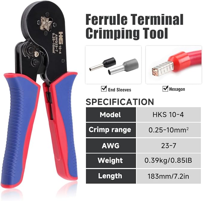 HKS Ferrule Crimping Tool Kit - Square Ferrule Crimper Plier (AWG 23-7) with Muti-use Wire Stripper & 1900pcs Wire End-Sleeves Terminals Kit in Box