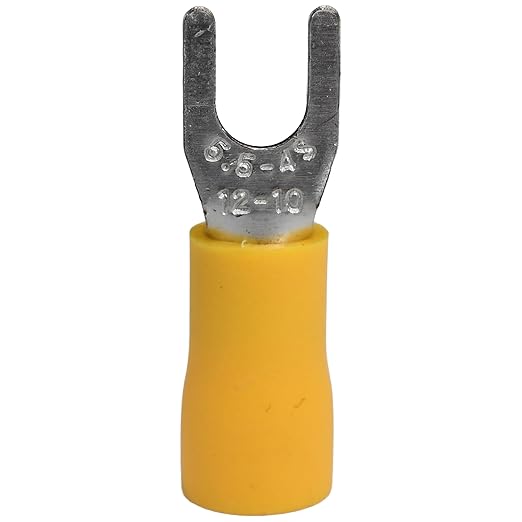PAPUGA 25PCS 12-10 AWG (4-6 mm2) #8 / M4 Narrow Version Insulated Fork Spade Crimp Connector, 600V 48A, CE RoHS Power Lug for Inverter Solar & Marine Wiring, Battery & Power Wiring