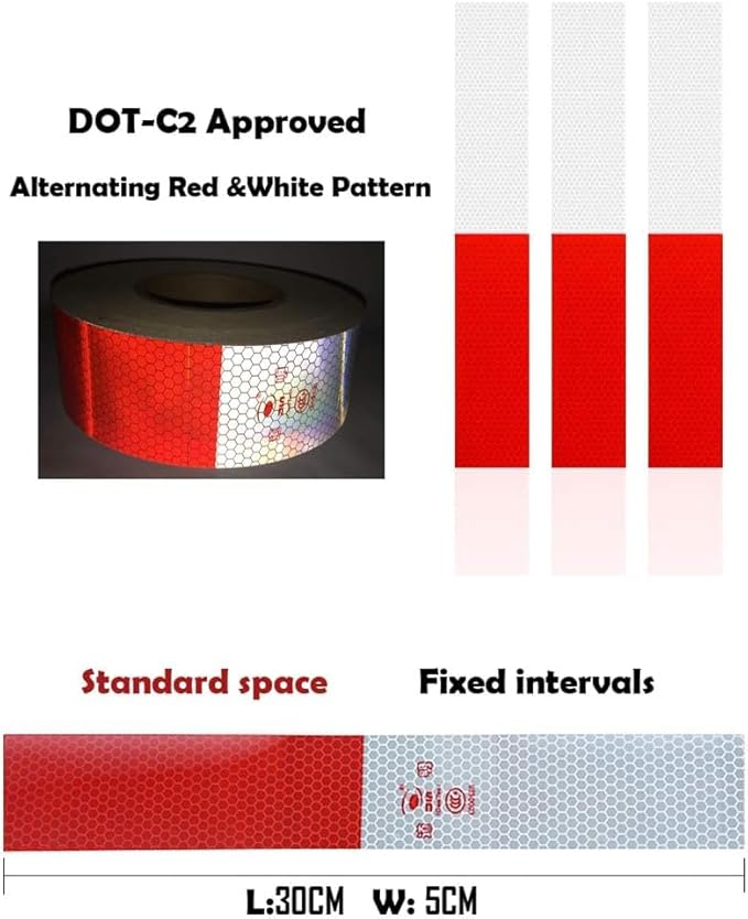 2" X 100FT DOT-C2 Reflective Tape -6" Red x 6" White Waterproof Reflector Conspicuity Tape - Safety Sticker Strips for Trailers, Cars, Trucks, Warning Tape Automative Accessories