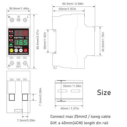 100-240V Universal Adjustable Over Under Voltage and Current Protector Automatic Recovery 80-300Volt 1-63Amp 40-70Hz Self Reset Electrical V A Display AC DC Power Meter Single Phase (63A)