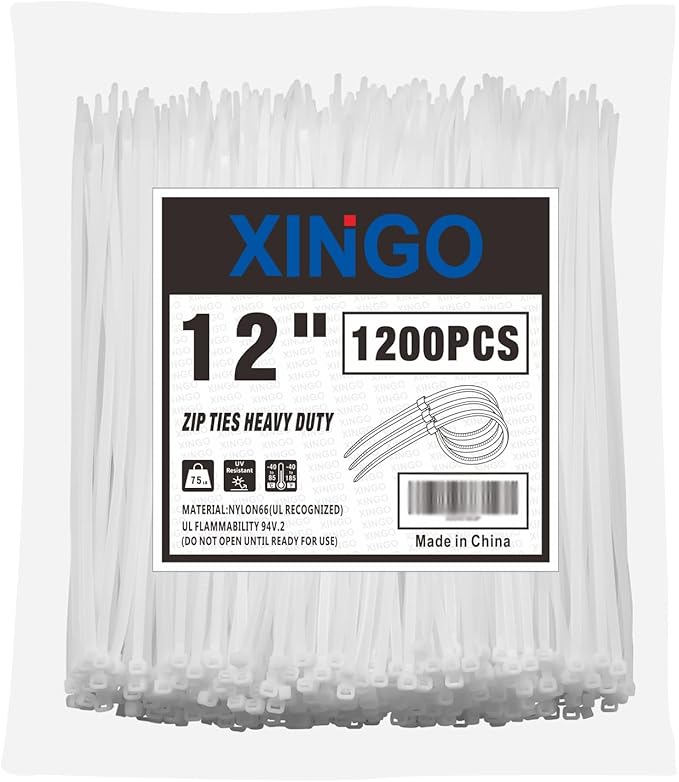 XINGO 12 Inch White Zip Ties 1200 PCS, 75 LBS Ultra Strong Tensile Strength, UV Resistant Cable Ties, Self-locking Plastic Ties for Indoor and Outdoor Use