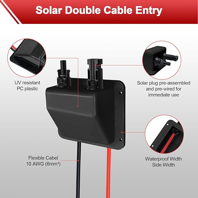 Cable Entry Gland, Waterproof Cable Gland with 10awg 10ft Solar Extension Cable, Uv Resistance Solar Junction Box for Rv, Boat, Campe, Van(Black)