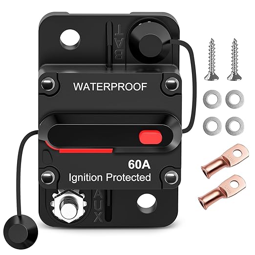 Nilight 60A Circuit Breaker Resettable 12-48V DC Manual Reset w/Copper Wire Lugs Surface Mount Overload Protection for Car Audio Sound Amplifier System RV Marine Boat Truck, 2 Years Warranty