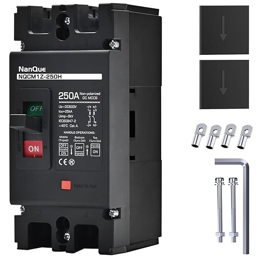 NanQue DC Solar Panel Circuit Breaker PV System Disconnect Switch and Protector 60-250 Amp 36-600 Voltage Automatic Cut Off Circuit 2 Poles Non-Polarized 25kA Recycle Use Fuse Siver Contactor (250A)