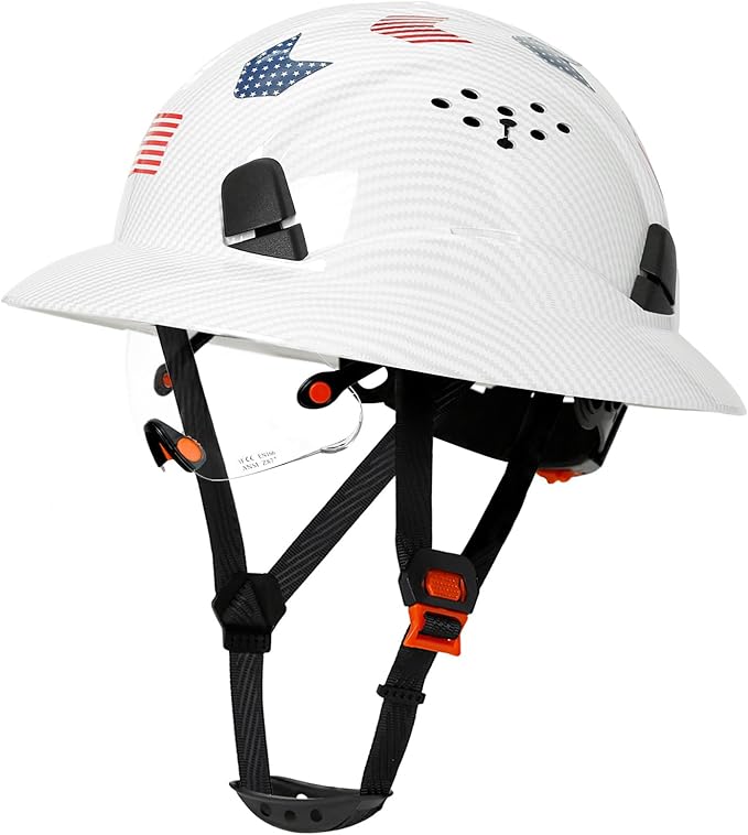 Carbon Fiber Pattern Full Brim Hard Hat with Visor-OSHA Approved Construction Safety Helmet for Men Women,ANSI Z89.1 Vented Reflective Hardhat with Hard Hat Chin Strap,6-Point Suspension