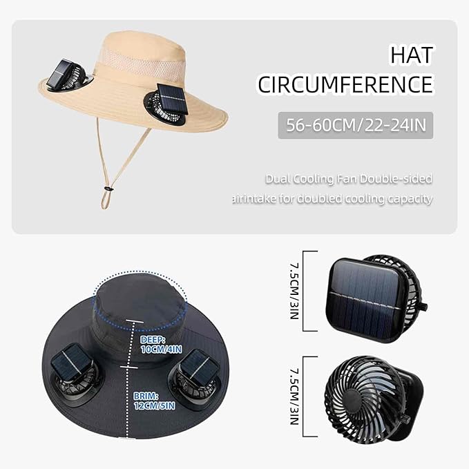 Wide Brim Sun Hats with 2 Solar Fan Outdoor Fishing Hat for Men Solar Powered Fan Hat Adjsutable 180°Rotating Cooling UPF 50+
