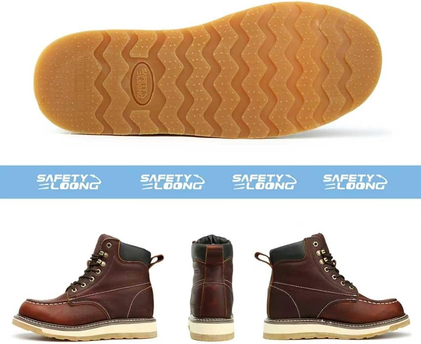 Moc Toe Work Boots for Men Waterproof Soft/Steel Toe Comfortable Full Grain Leather Non Slip Wedge Outsole Construction 6" Workboots