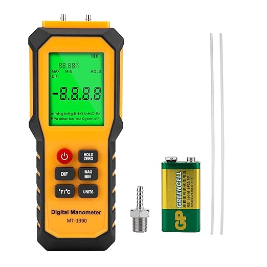 YZT Meter Manometer Air Pressure Meter, Digital Differential Pressure Gauge, HVAC Gas Pressure Meter Dual-Port Manometer Gas Pressure Tester (9v Battery Included)…