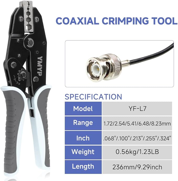 Coaxial Crimping Tool for RG Type Cable -RG50,54,55U,58,59,62,108,142,178,301,302,307,400, LMR195,200,240, BNC 3D-2V,4C-2V Connectors (CRIPMER L7 WG)