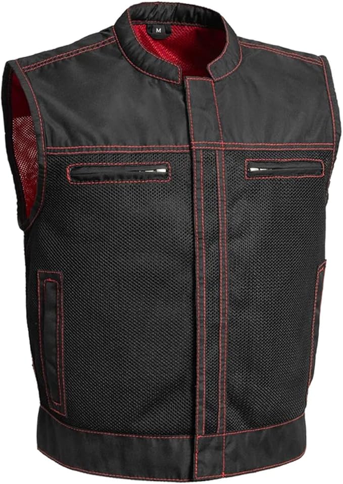 First Mfg Co Lowrider Mens Motorcycle Biker Riding Armor Club Style Black Leather, Twill, Moto Mesh, Perforated Vest