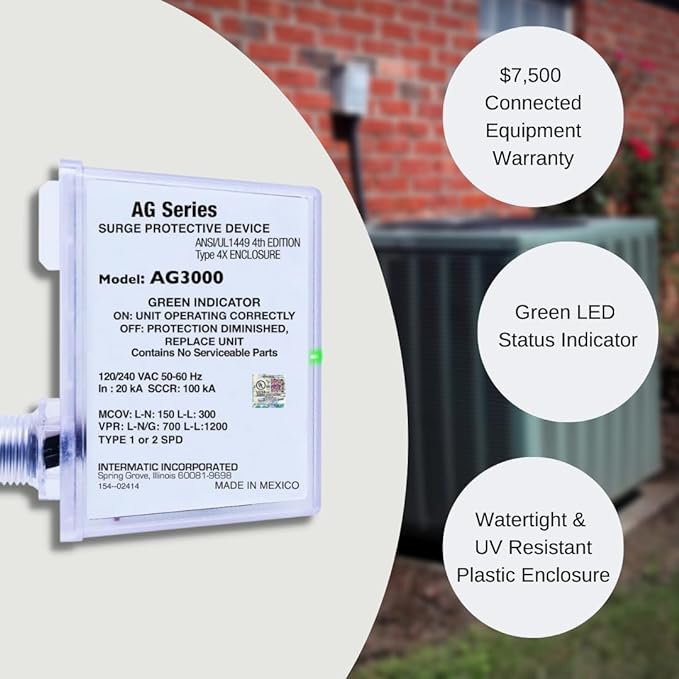 Intermatic AG3000 120/240 VAC Universal HVAC Surge Protective Device - Advanced Surge Protection, TPMOV Tech, Watertight Enclosure - UL Listed for Reliable Safety