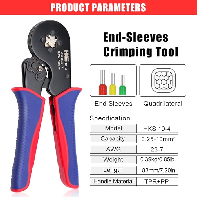 HKS Ferrule Crimping Tool AWG 23-7, Square Ratchet Self-Adjusting Crimper for End-Sleeve Terminals