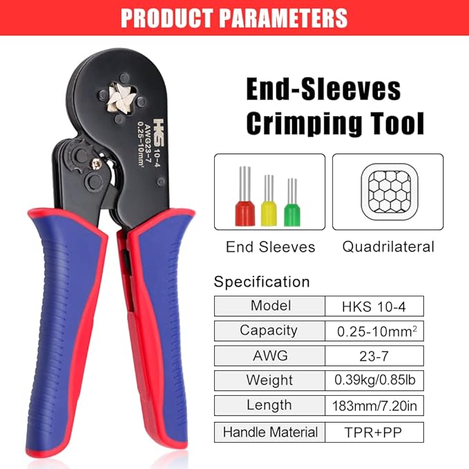 HKS Ferrule Crimping Tool Kit - Square Ferrule Crimper Plier (AWG 23-7) with Wire Stripper & 1900pcs Wire End-Sleeves Terminals Kit