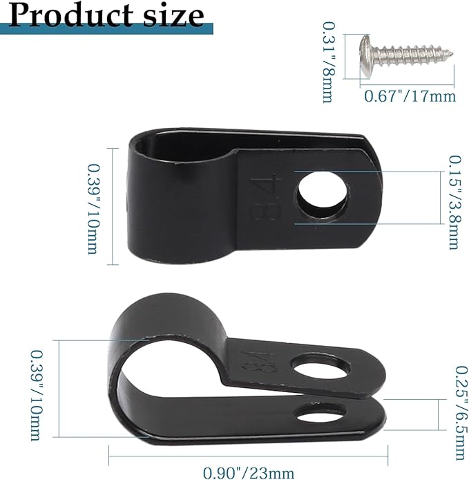 50 Pcs 1/3 Inch Black Nylon Screw Mounting R-type Cable Clip Wire Clamp, 8.4mm Cable Clip Wire Clamp for Wire Management, Stainless Steel Screws Included