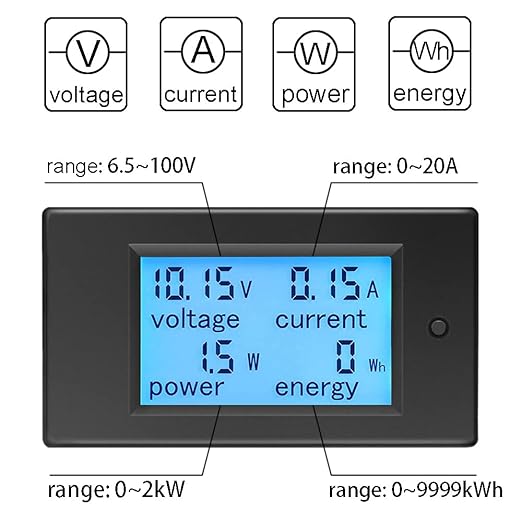 KETOTEK Amp Volt Watt Kwh Meter Tester Panel Digital 4 in 1 Ammeter Voltmeter Multimeter 12V DC 6.5-100V 20A, Voltage Current Power Energy Usage Monitor LCD Display Car Motorbike Solar