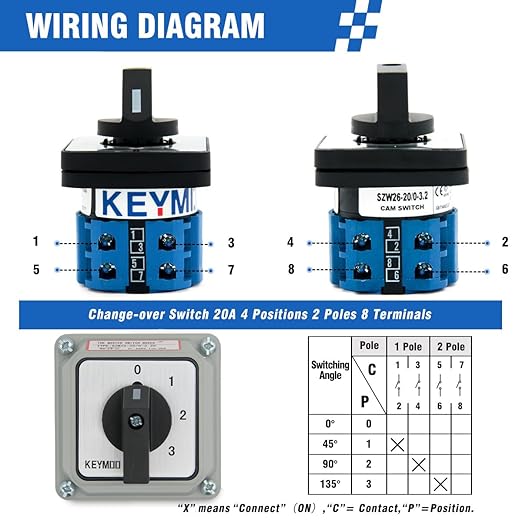 20A Rotary Changeover Switch with Box, 660V 4 Position 2 Poles 8 Terminals, Blue Universal Selector Switch with Fork Terminals, IP65 (4 Positions 2 Poles - Blue)