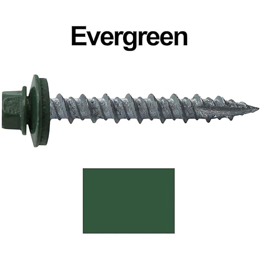 Metal Roofing Screws: (250) 10 x 1-1/2" Evergreen Hex Head Sheet Metal Roof Screw. Self Starting Metal to Wood siding Screws. EPDM Washer. Colored Head