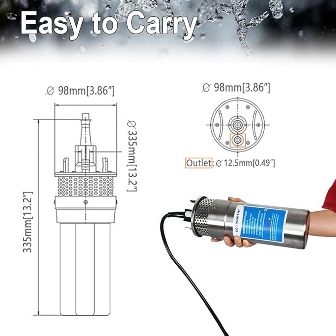 ECO-WORTHY 12V DC Submersible Deep Well Pump, MAX Flow 3.2GPM, Max Head 230ft, Water Pump Powered by Solar or Battery for Well, Livestock Drinking or Tank Filling…
