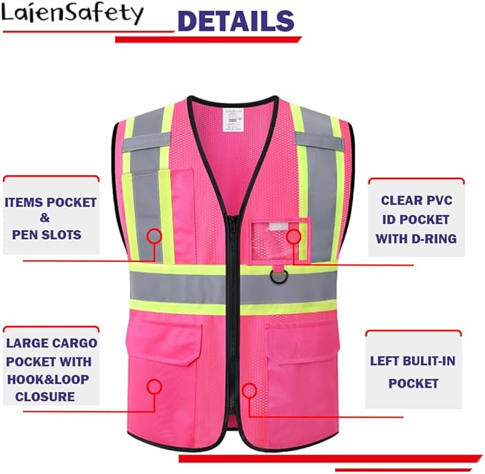 Safety Vest for Men Women Reflective with Multiple Pockets Mesh High Visibility Construction Work Vest,Meets ANSI/ISEA Standards(EK1-178-Pink-3XL)