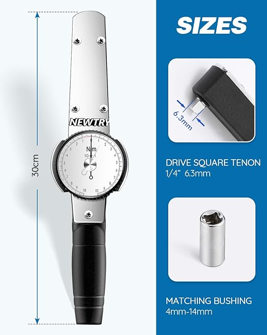 NEWTRY Dial Torque Wrench with Sockets Set (4-14mm), 1-10N.m Indicating Torquemeter, Precision Torque Meter, 1/4 inch pound Dial Torque Wrench Torque Force Tester