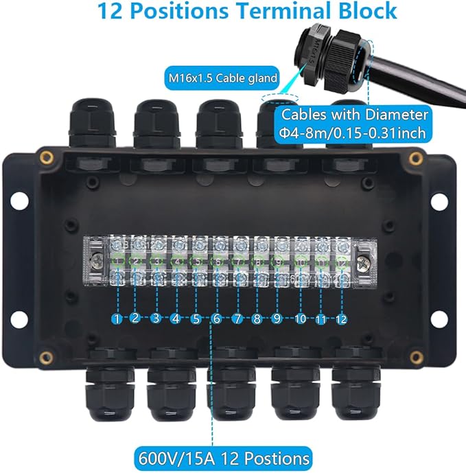 Project BoxI P67 Outdoor Waterproof Box Electronic Junction Box with 15A 600V 12P Barrier Terminal 5IN/5Out Electrical Boxes 6.2x3.5x2.4 inch