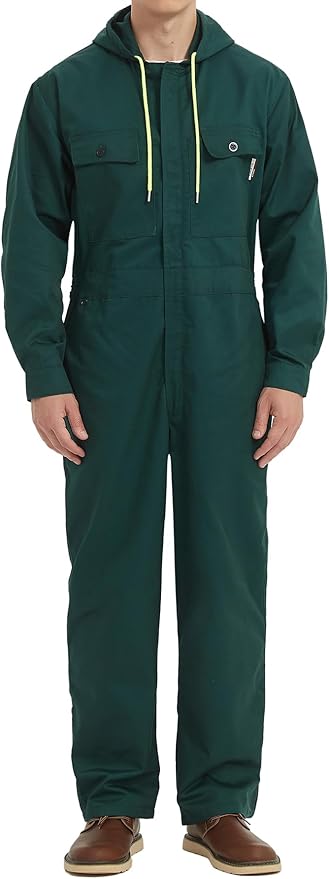 Mens Cotton Blend Long Sleeve Coverall Multi Pockets Zip Overall Mechanic Work Jumpsuit with Hood