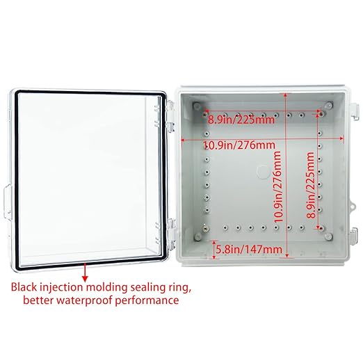 Junction Box, Hinged Clear Cover Stainless Steel Latch IP67 Waterproof ABS Project Box with 2 PG13.5 Cable Gland,Electrical Box Enclosure with Mounting Plate & Wall Bracket 11.8 x 11.8 x
