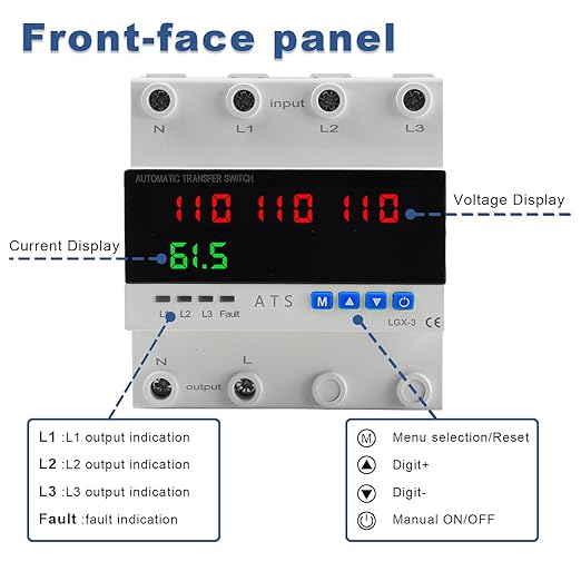 4P Automatic Transfer Switch with LCD Display, 63A Triple Power ATS with 4 Digital Displays for Input & Output Real-Time Volrage Monitoring, Automatic Changeover for Utility/Generator/Solar