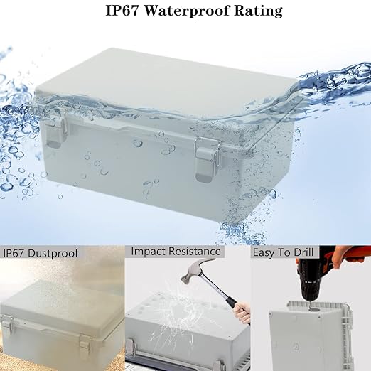 Zulkit Junction Box,IP67 Waterproof Electrical Box Hinged Cover Stainless Steel Buckle Plastic Enclosure for Project w Mounting Plate Wall Bracket and 2 Cable Gland Grey 10.2 x 6.3 x 3.9 Inch