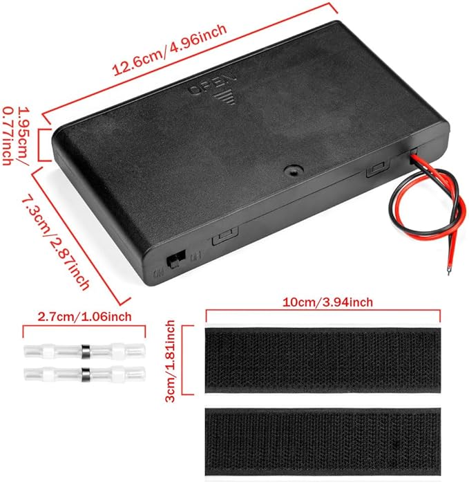 2PCS 12V (8 x 1.5V) 8AA Battery Holder Enclosures with Wire Leads and On/Off Switch Lid 12 Volt Battery Case with Hook Verclo and Solder Seal Wire Connectors